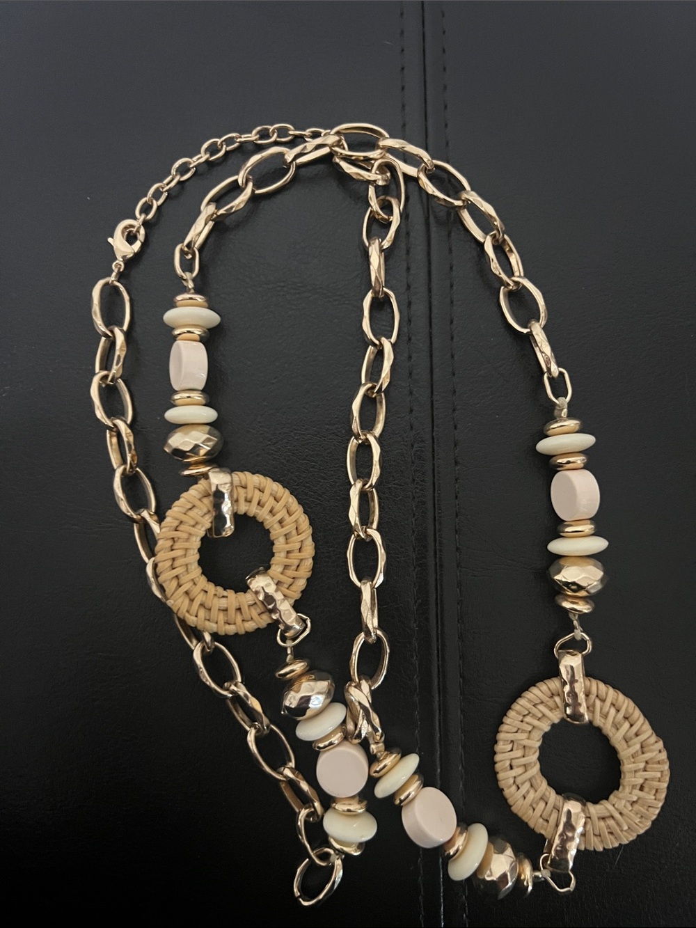 Gold and Cream Long Link Necklace with Woven Circle Accents - Picture 2 of 5
